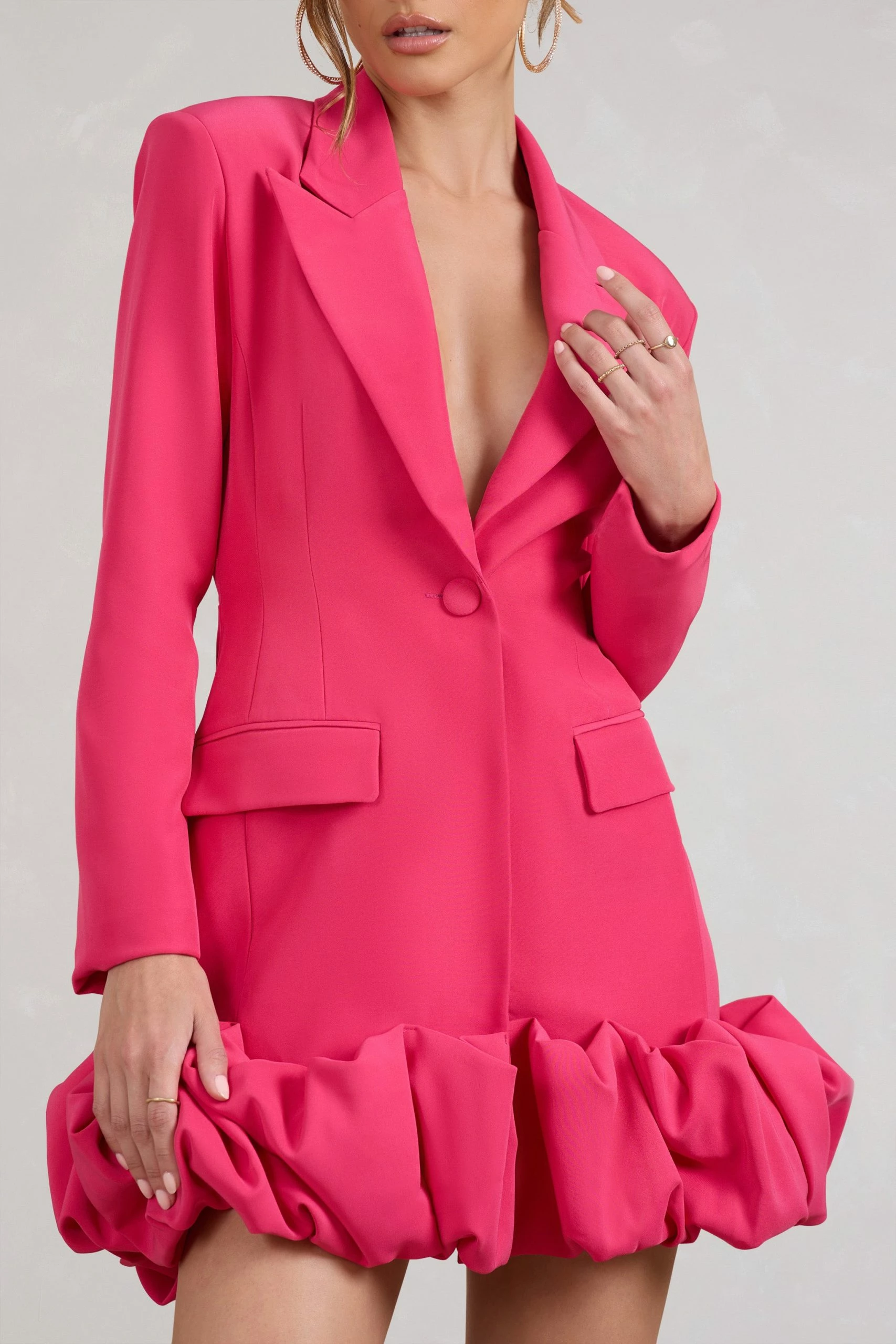 Cloud Catching | Hot Pink Tailored Blazer Mini Dress With Ruffled Hem 5 Cloud Catching | Hot Pink Tailored Blazer Mini Dress With Ruffled Hem - Image 3