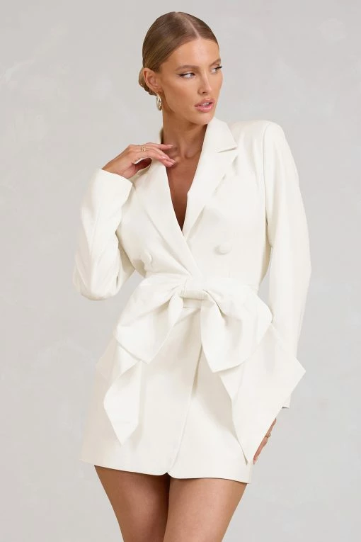 Prized | White Tailored Blazer Mini Dress With Bow 2 Prized | White Tailored Blazer Mini Dress With Bow -Dress Shop WB BR CL129391005 PrizedWhiteTailoredBlazerDressWithBow3