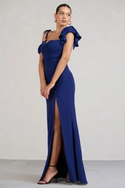 Merlot | Navy Asymmetric Draped Split Maxi Dress -Dress Shop WB BR CL129420015 MerlotNavyAsymmetricDrapedSplitMaxiDress3