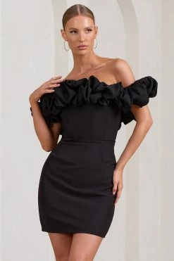 Dawn | Black Ruffled Bardot Mini Dress -Dress Shop WB BR CL129435002 02516