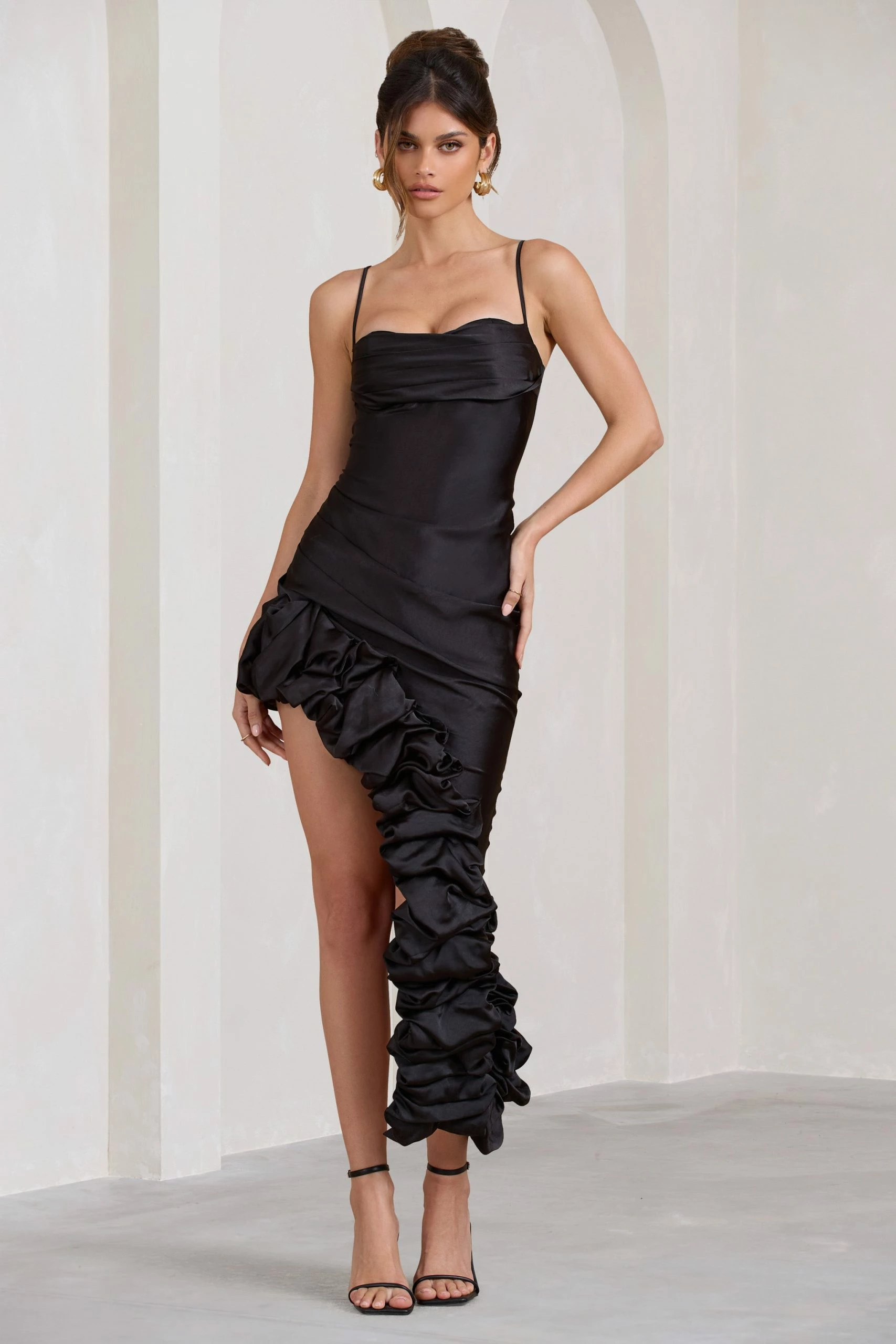 Florence | Black Satin Asymmetric Ruffle Cowl Midi Dress 3 Florence | Black Satin Asymmetric Ruffle Cowl Midi Dress