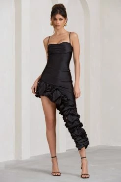 Florence | Black Satin Asymmetric Ruffle Cowl Midi Dress 10 Florence | Black Satin Asymmetric Ruffle Cowl Midi Dress -Dress Shop WB BR CL129436002 FlorenceBlackSatinAsymmetricRuffleCowlMidiDress2