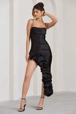 Florence | Black Satin Asymmetric Ruffle Cowl Midi Dress 11 Florence | Black Satin Asymmetric Ruffle Cowl Midi Dress -Dress Shop WB BR CL129436002 FlorenceBlackSatinAsymmetricRuffleCowlMidiDress4