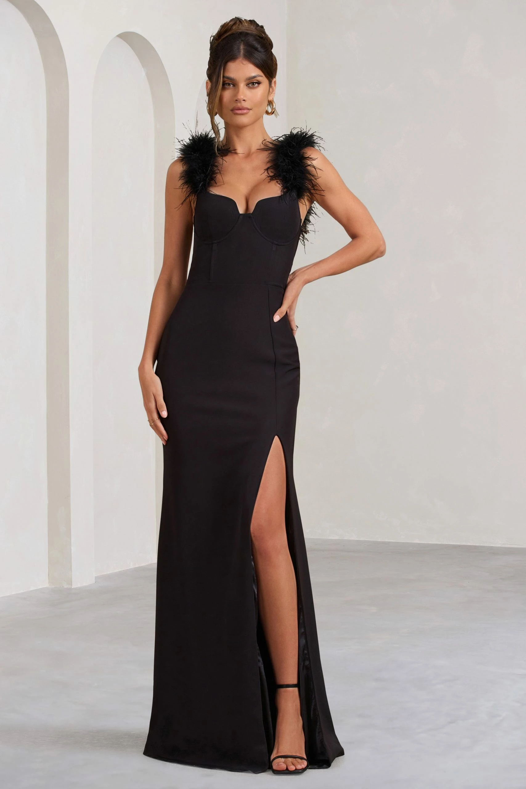 Lily | Black Feather Shoulder Corset Style Maxi Dress 3 Lily | Black Feather Shoulder Corset Style Maxi Dress