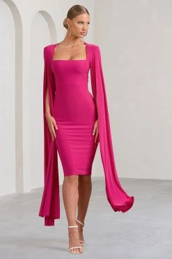 Flawless | Hot Pink Square Neck Midi Dress With Cape Sleeves -Dress Shop WB CC BR CL127209073 Flawless HotPinkSquareNeckMidiDressWithCapeSleeves1 38726146 40cd 4e1e a4a5 1019ce2d44d2