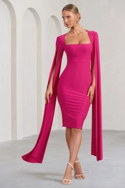 Flawless | Hot Pink Square Neck Midi Dress With Cape Sleeves -Dress Shop WB CC BR CL127209073 Flawless HotPinkSquareNeckMidiDressWithCapeSleeves2 3a365bf3 42c0 4233 9101 d2db6f6f5c74