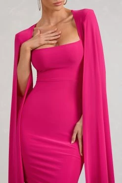 Flawless | Hot Pink Square Neck Midi Dress With Cape Sleeves -Dress Shop WB CC BR CL127209073 Flawless HotPinkSquareNeckMidiDressWithCapeSleeves3 21602884 a24e 4fb1 96c5 5a30eb70f3e7