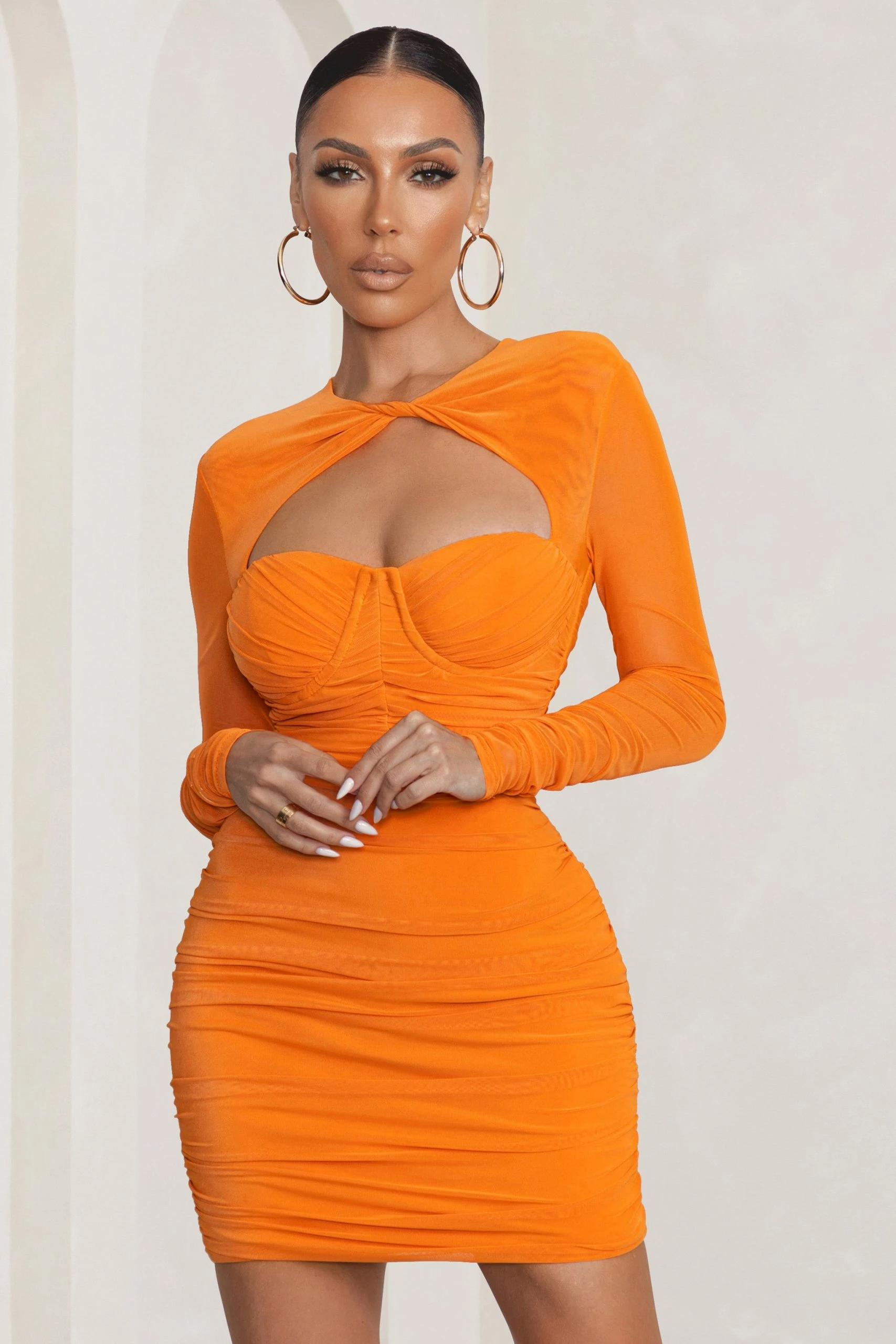 Daiquiri | Orange Cut Out Ruched Mesh Mini Dress With Long Sleeves 7 Daiquiri | Orange Cut Out Ruched Mesh Mini Dress With Long Sleeves - Image 5