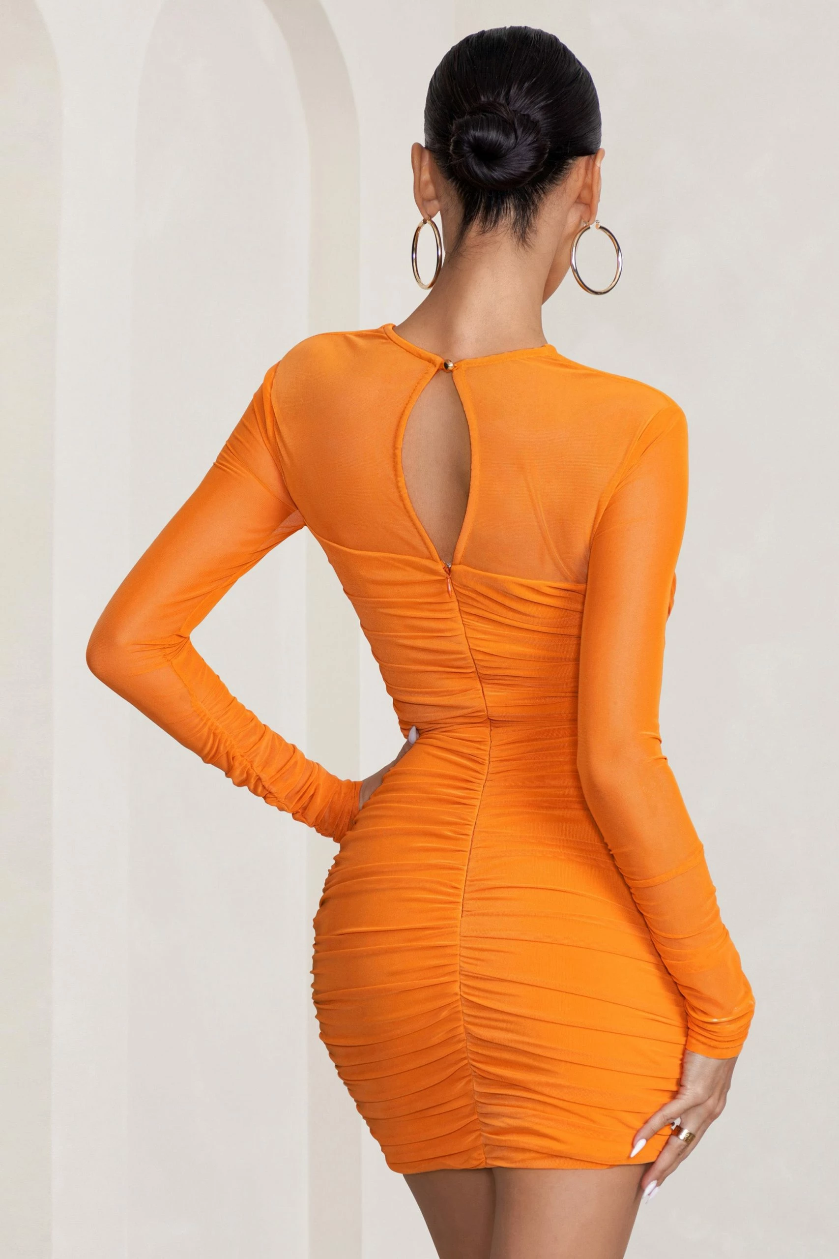Daiquiri | Orange Cut Out Ruched Mesh Mini Dress With Long Sleeves 4 Daiquiri | Orange Cut Out Ruched Mesh Mini Dress With Long Sleeves - Image 2