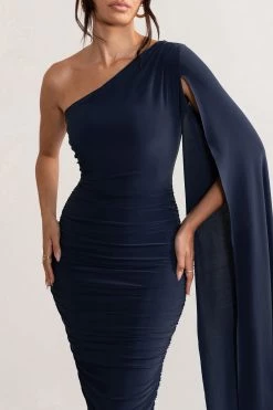 Yara | Navy One Shoulder Cape Ruched Midi Dress -Dress Shop WB CC BR CL127661 YaraNavyOneShoulderCapeRuchedMidiDress3 86f338dd 6a53 4084 a198 8f049c5f38ab