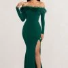 Lucilu | Bottle Green Feather Bardot Long Sleeve Maxi Dress With Side Split -Dress Shop WB CC BR CL128281 LuluBottleGreenFeatherBardotLongSleeveMaxiDresswithSideSplit1