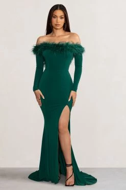 Lucilu | Bottle Green Feather Bardot Long Sleeve Maxi Dress With Side Split -Dress Shop WB CC BR CL128281 LuluBottleGreenFeatherBardotLongSleeveMaxiDresswithSideSplit2