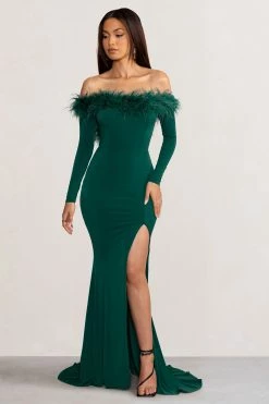 Lucilu | Bottle Green Feather Bardot Long Sleeve Maxi Dress With Side Split -Dress Shop WB CC BR CL128281 LuluBottleGreenFeatherBardotLongSleeveMaxiDresswithSideSplit3