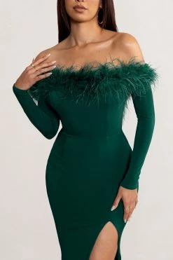 Lucilu | Bottle Green Feather Bardot Long Sleeve Maxi Dress With Side Split -Dress Shop WB CC BR CL128281 LuluBottleGreenFeatherBardotLongSleeveMaxiDresswithSideSplit5