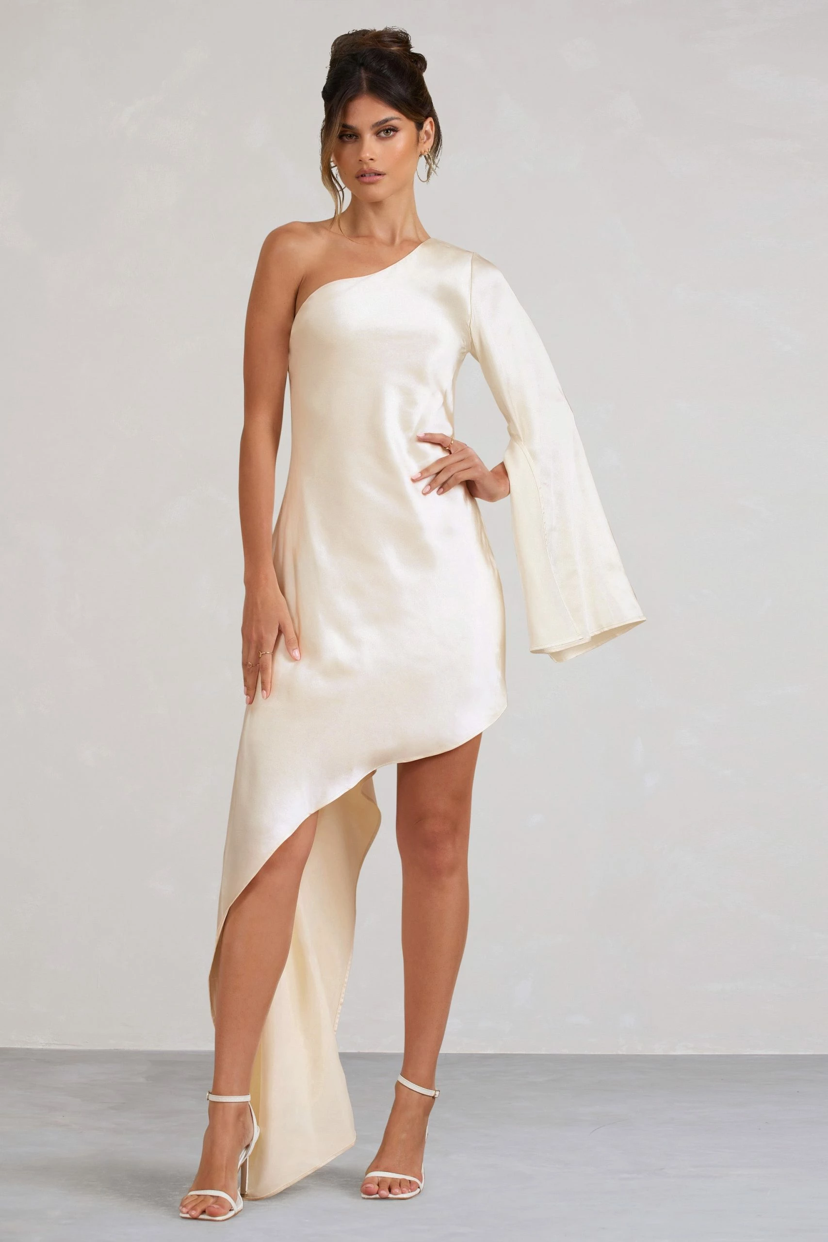 Hanna | Cream Asymmetric Draped Satin Mini Dress 3 Hanna | Cream Asymmetric Draped Satin Mini Dress