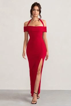 Anisa | Red Layered Halter Neck Bardot Maxi Dress With Thigh Split -Dress Shop WB CC BR CL129055 AnisaRedLayeredHalterNeckBardotMaxiDressWithThighSplit0