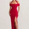 Anisa | Red Layered Halter Neck Bardot Maxi Dress With Thigh Split -Dress Shop WB CC BR CL129055 AnisaRedLayeredHalterNeckBardotMaxiDressWithThighSplit1