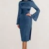Zaina | Navy Long Sleeve Midi Dress With High Neckline