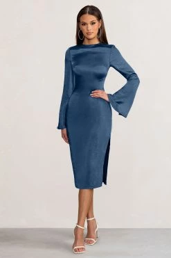 Zaina | Navy Long Sleeve Midi Dress With High Neckline