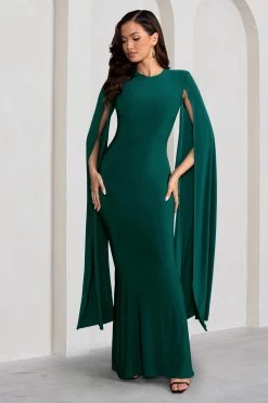 Kimmy | Bottle Green High Neck Maxi Dress With Cape Sleeves -Dress Shop WB CC BR HR CL129258 KimmyBottleGreenHighNeckMaxiDresswithFloorLengthSleeves3