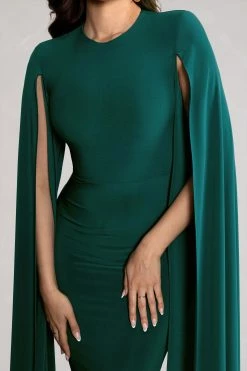 Kimmy | Bottle Green High Neck Maxi Dress With Cape Sleeves -Dress Shop WB CC BR HR CL129258 KimmyBottleGreenHighNeckMaxiDresswithFloorLengthSleeves5
