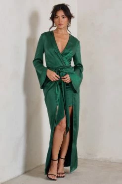 Patricia | Green Extreme Plunge Long Sleeve Maxi Dress With Tie Detail -Dress Shop WB CC CL128428 PatriciaBottleGreenExtremePlungeLongSleeveMaxiDressWithTieDetail6