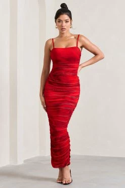 Ellis | Red Rose Printed Ruched Mesh Strappy Bodycon Maxi Dress -Dress Shop WB CC CL128707100 EllisRedRosePrintedRuchedMeshStrappyBodyconMaxiDress0