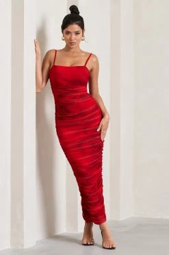 Ellis | Red Rose Printed Ruched Mesh Strappy Bodycon Maxi Dress