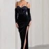 Meribel | Navy Velvet & Satin Long-Sleeved Corset Maxi Dress
