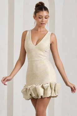 Main Present | Gold Glittered V-Neck Mini Dress With Ruffle Trim -Dress Shop WB CC CL128934007 MainPresentGoldGlitteredV NeckMiniDressWithRuffleTrim2