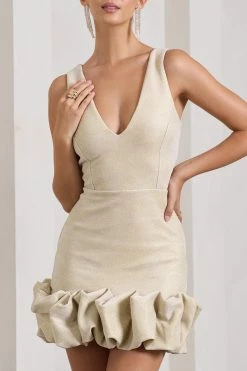 Main Present | Gold Glittered V-Neck Mini Dress With Ruffle Trim -Dress Shop WB CC CL128934007 MainPresentGoldGlitteredV NeckMiniDressWithRuffleTrim4