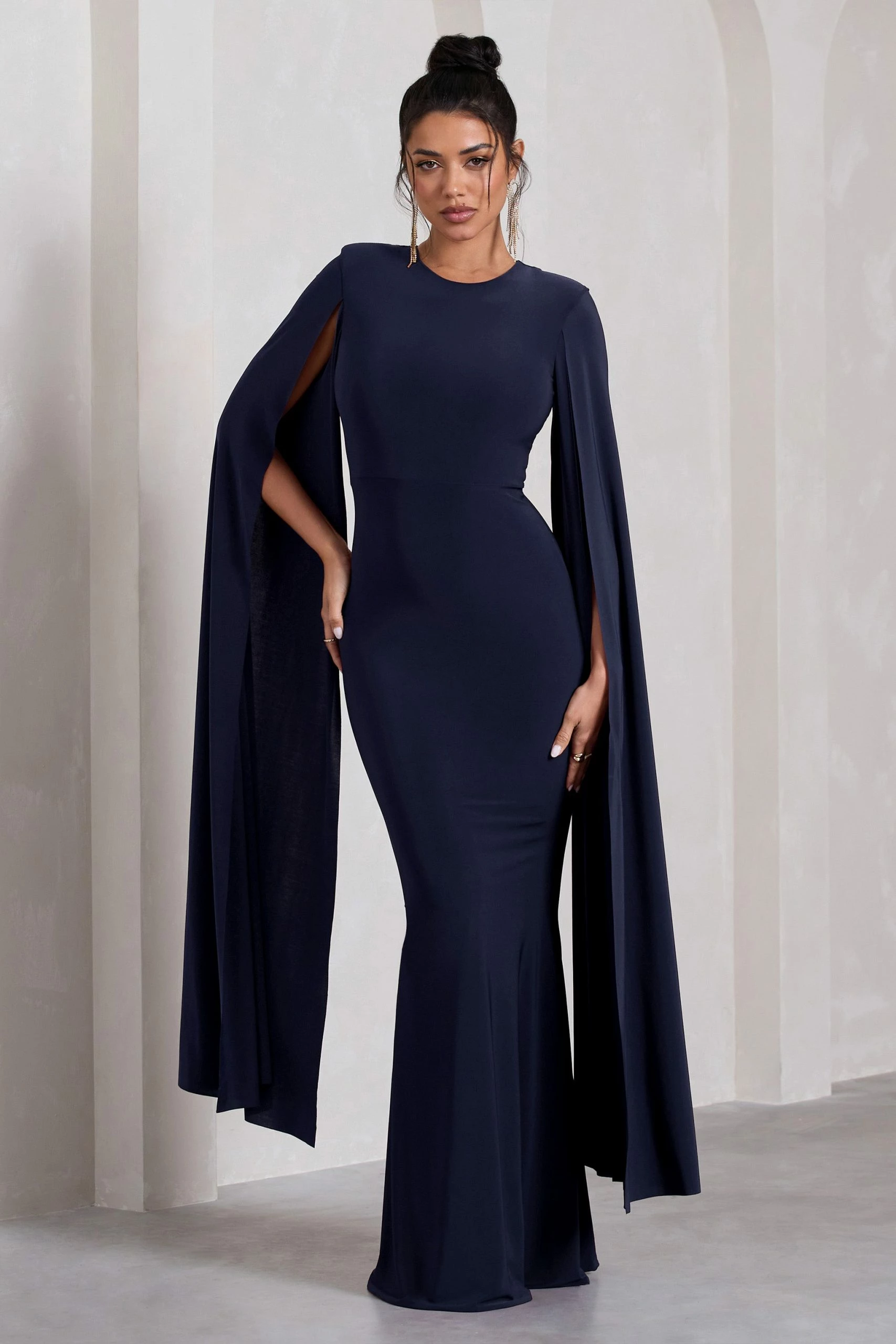 Kimmy | Navy High Neck Maxi Dress With Cape Sleeves 3 Kimmy | Navy High Neck Maxi Dress With Cape Sleeves