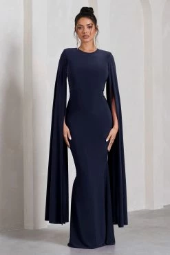 Kimmy | Navy High Neck Maxi Dress With Cape Sleeves 11 Kimmy | Navy High Neck Maxi Dress With Cape Sleeves -Dress Shop WB CC CL129258015 KimmyNavyHighNeckMaxiDresswithFloorLengthSleeves1