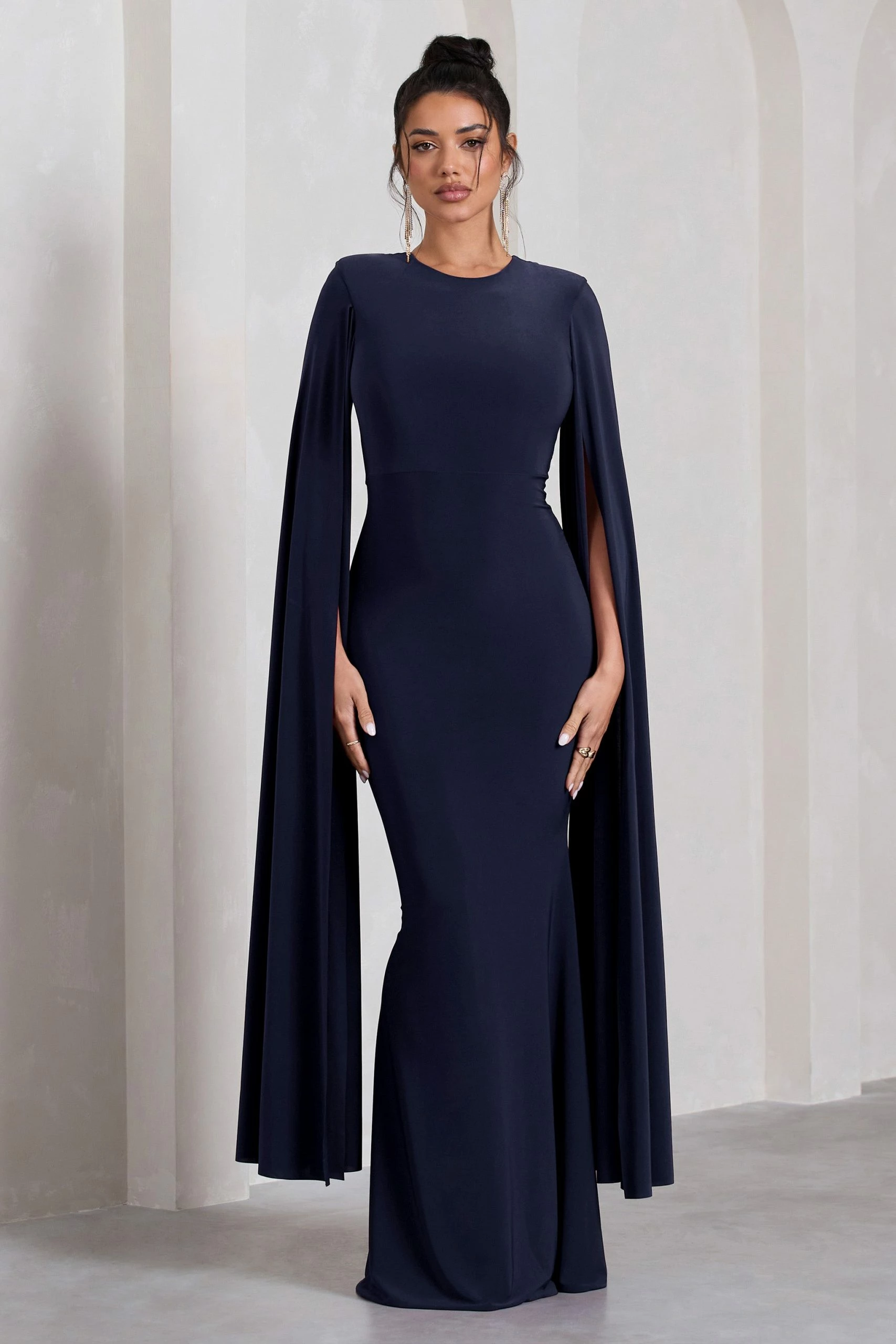 Kimmy | Navy High Neck Maxi Dress With Cape Sleeves 7 Kimmy | Navy High Neck Maxi Dress With Cape Sleeves - Image 5