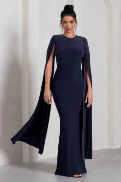 Kimmy | Navy High Neck Maxi Dress With Cape Sleeves 10 Kimmy | Navy High Neck Maxi Dress With Cape Sleeves -Dress Shop WB CC CL129258015 KimmyNavyHighNeckMaxiDresswithFloorLengthSleeves2