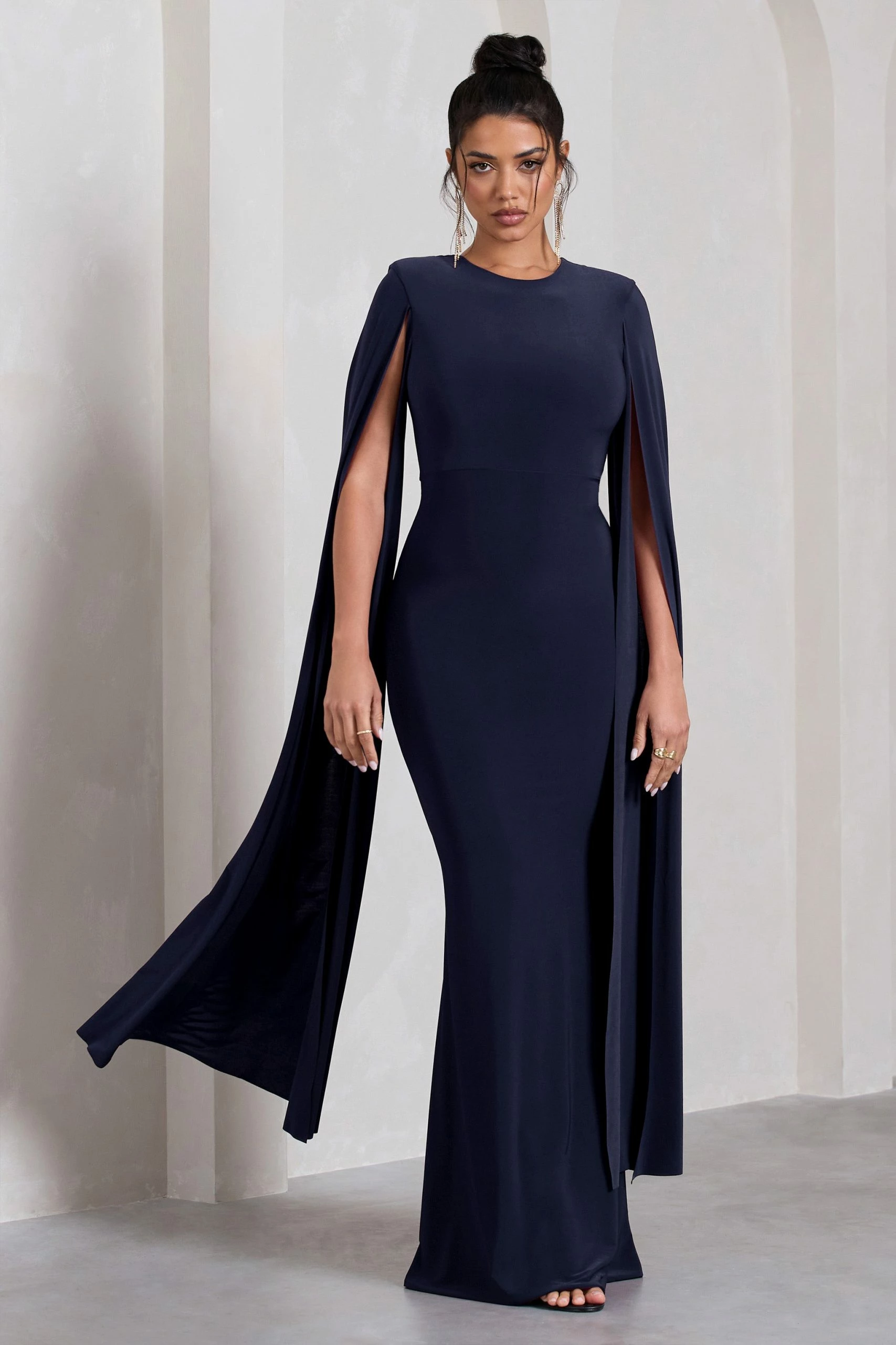 Kimmy | Navy High Neck Maxi Dress With Cape Sleeves 6 Kimmy | Navy High Neck Maxi Dress With Cape Sleeves - Image 4