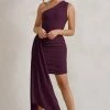 Charlie | Plum One Shoulder Ruched Mini Dress With Statement Drape -Dress Shop WB CC CL129320 CharliePlumOneShoulderRuchedMiniDressWithStatementDrape1