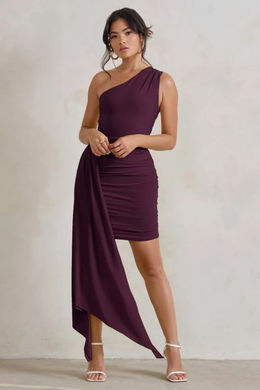 Charlie | Plum One Shoulder Ruched Mini Dress With Statement Drape 7 Charlie | Plum One Shoulder Ruched Mini Dress With Statement Drape -Dress Shop WB CC CL129320 CharliePlumOneShoulderRuchedMiniDressWithStatementDrape1