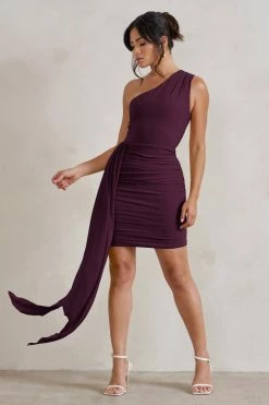 Charlie | Plum One Shoulder Ruched Mini Dress With Statement Drape -Dress Shop WB CC CL129320 CharliePlumOneShoulderRuchedMiniDressWithStatementDrape2