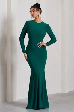 Dress Shop -Dress Shop WB CC CL129776047 StarringBottleGreenLong SleeveBacklessFishtailMaxiDress0