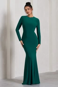 Starring | Bottle Green Long-Sleeve Backless Fishtail Maxi Dress -Dress Shop WB CC CL129776047 StarringBottleGreenLong SleeveBacklessFishtailMaxiDress1