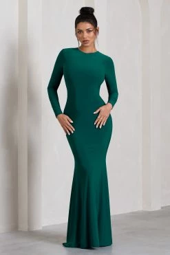Starring | Bottle Green Long-Sleeve Backless Fishtail Maxi Dress -Dress Shop WB CC CL129776047 StarringBottleGreenLong SleeveBacklessFishtailMaxiDress2