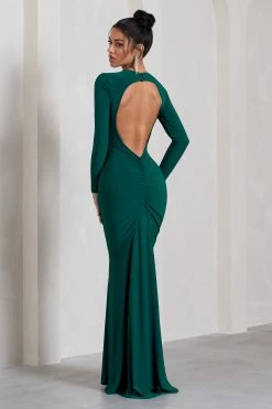 Dress Shop 45 Starring | Bottle Green Long-Sleeve Backless Fishtail Maxi Dress
