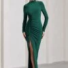 Lynn | Bottle Green Ruched High-Neck Split Maxi Dress 1 Lynn | Bottle Green Ruched High-Neck Split Maxi Dress -Dress Shop WB CC CL129797047 Lynn BottleGreenRuchedHigh NeckSplitMaxiDress2