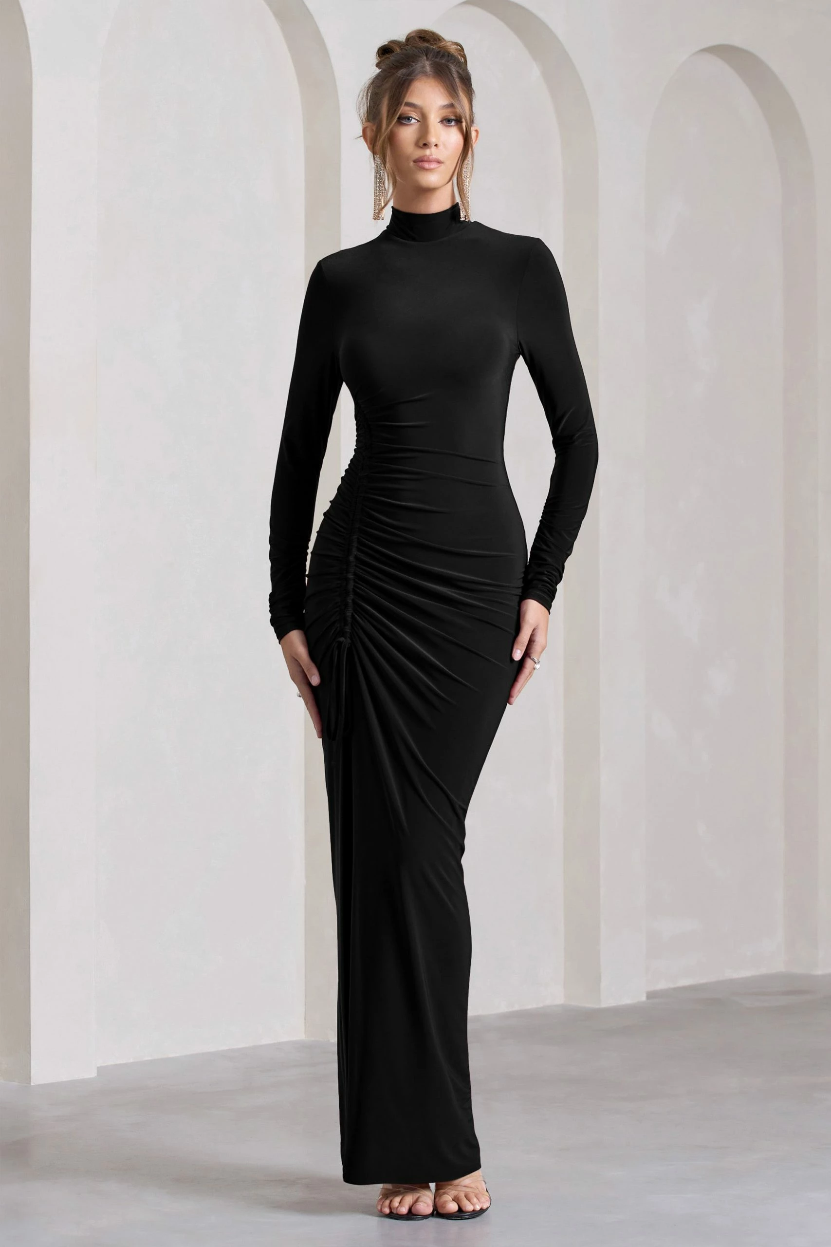 Lynn | Black Ruched High-Neck Split Maxi Dress 7 Lynn | Black Ruched High-Neck Split Maxi Dress - Image 5