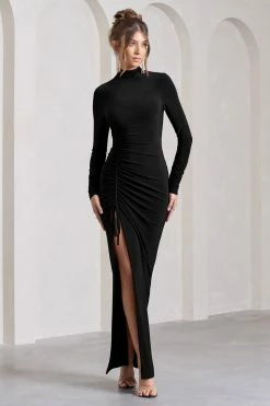 Lynn | Black Ruched High-Neck Split Maxi Dress 10 Lynn | Black Ruched High-Neck Split Maxi Dress -Dress Shop WB CC CL129797069 LynnBurgundyRuchedHigh NeckSplitMaxiDress2