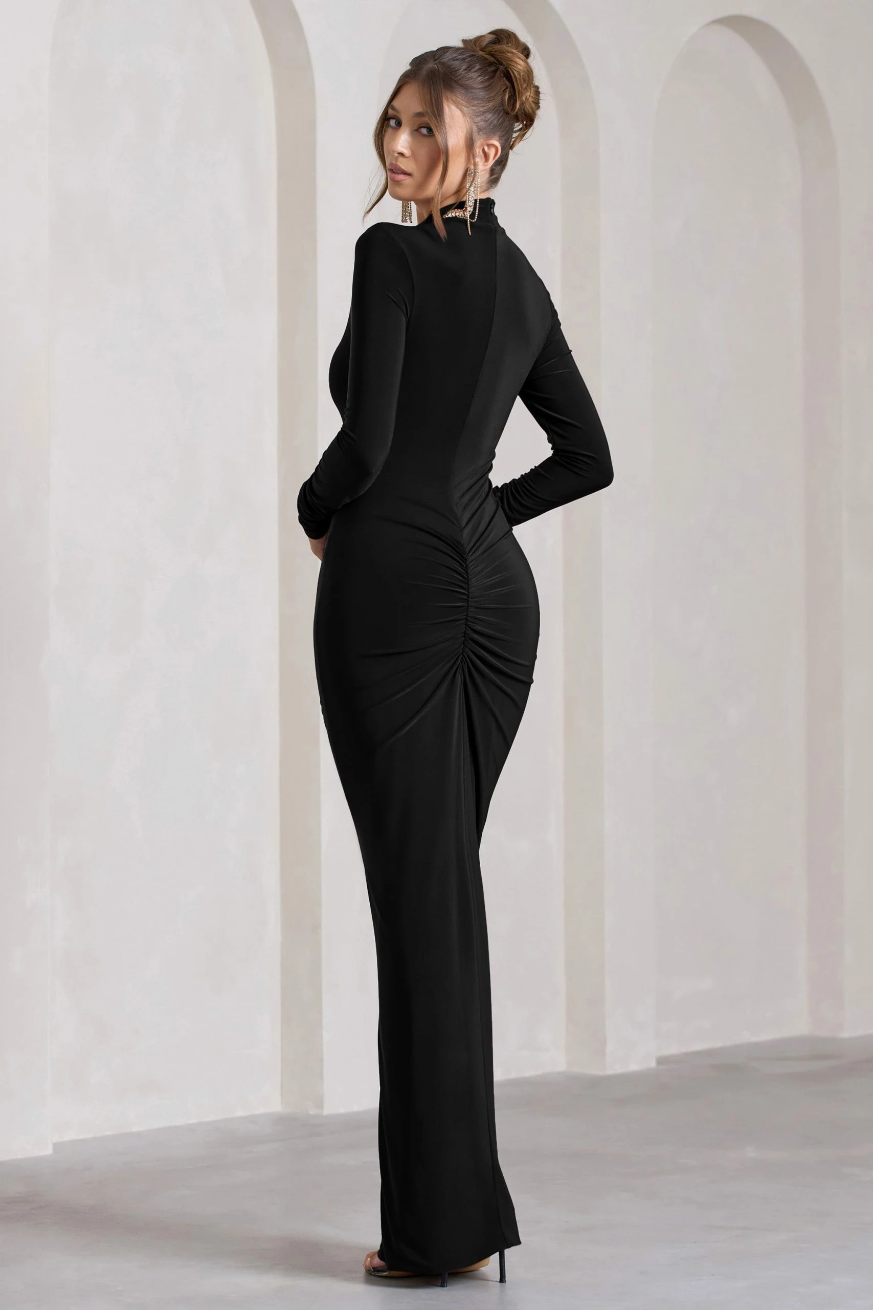 Lynn | Black Ruched High-Neck Split Maxi Dress 4 Lynn | Black Ruched High-Neck Split Maxi Dress - Image 2
