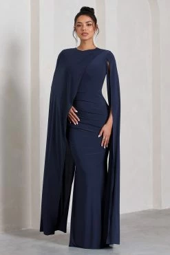 Magdelena | Navy Asymmetric Cape Maxi Dress -Dress Shop WB CC CL129887015 MagdelenaNavyAsymmetricCapeMaxiDress0