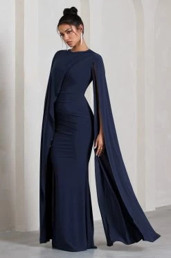 Magdelena | Navy Asymmetric Cape Maxi Dress -Dress Shop WB CC CL129887015 MagdelenaNavyAsymmetricCapeMaxiDress1