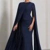 Magdelena | Navy Asymmetric Cape Maxi Dress